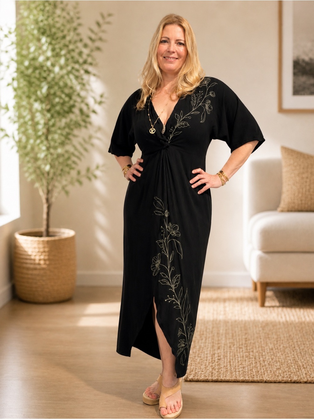 Black Floral Embroidered V-Neck Maxi Dress